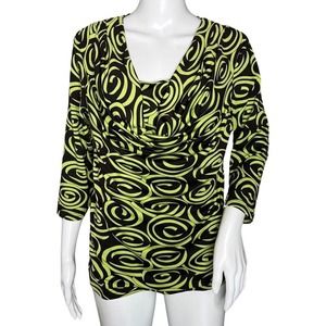 Prima Bella Shirt Women Medium Black Green Swirls Casual Office Slinky‎ Artsy